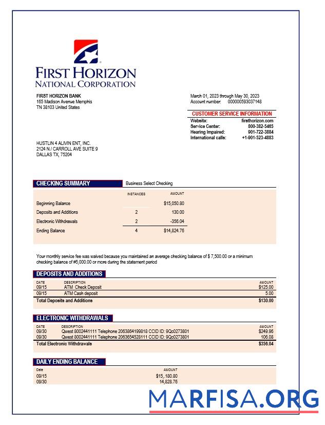 Printable First Horizon Bank company checking account statement Word and PDF template